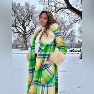 60s Union Made Green Plaid Wool Belted Coat